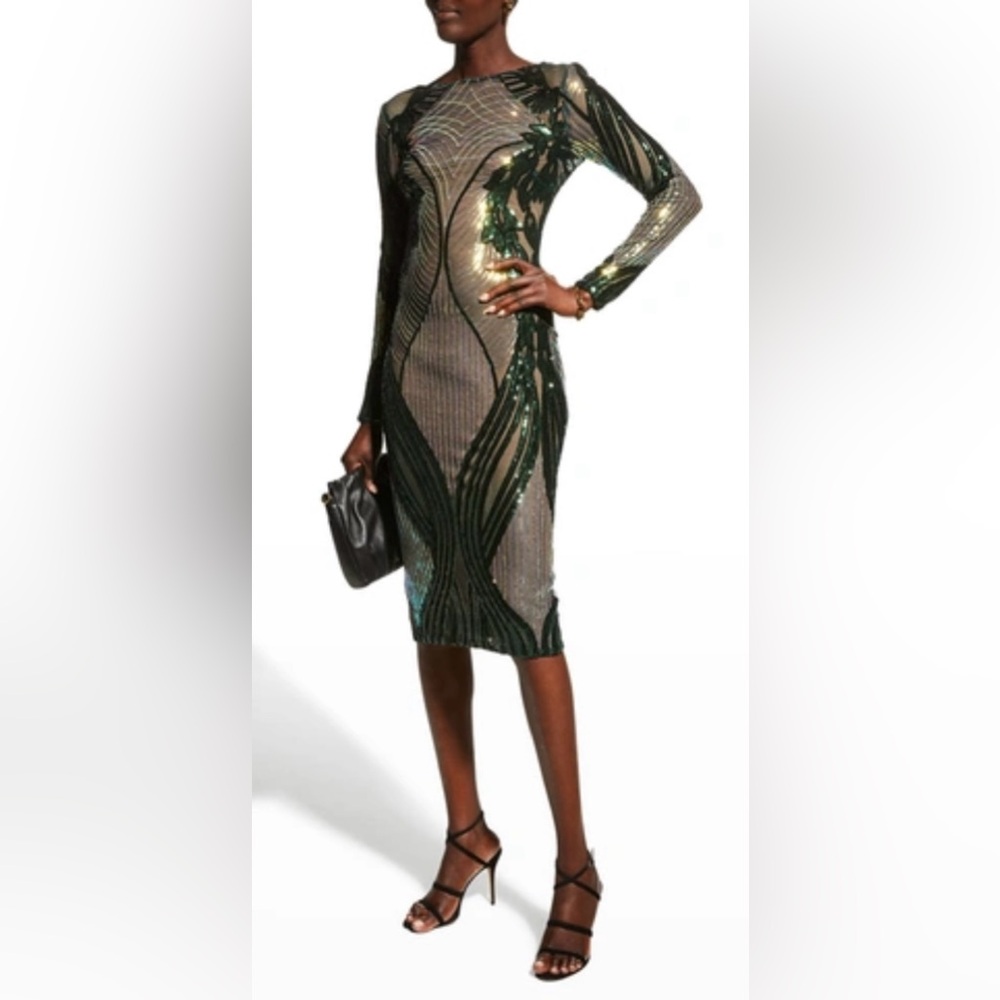 Women's DRESS THE POPULATION Emery Sequin Long-sleeve Midi Dress Pine Size S NWT
